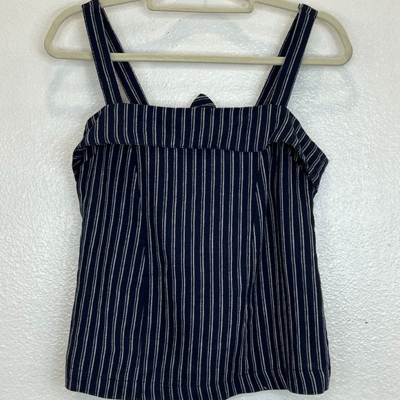 J. Crew Point Sur Freddie Navy Blue Pinstriped Back Bow Linen Blend Top sz 4 - Picture 3 of 7